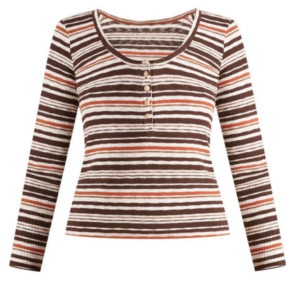 Veronica Beard Brown White and Rust Striped Ribbed Henley Top